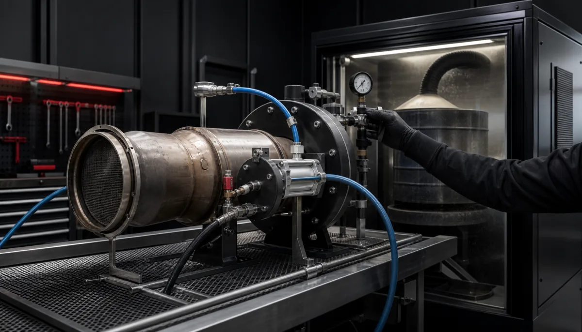 Partikelfilter an einem Druckluft-Adapter mit Absaugung und Prüfmanometer