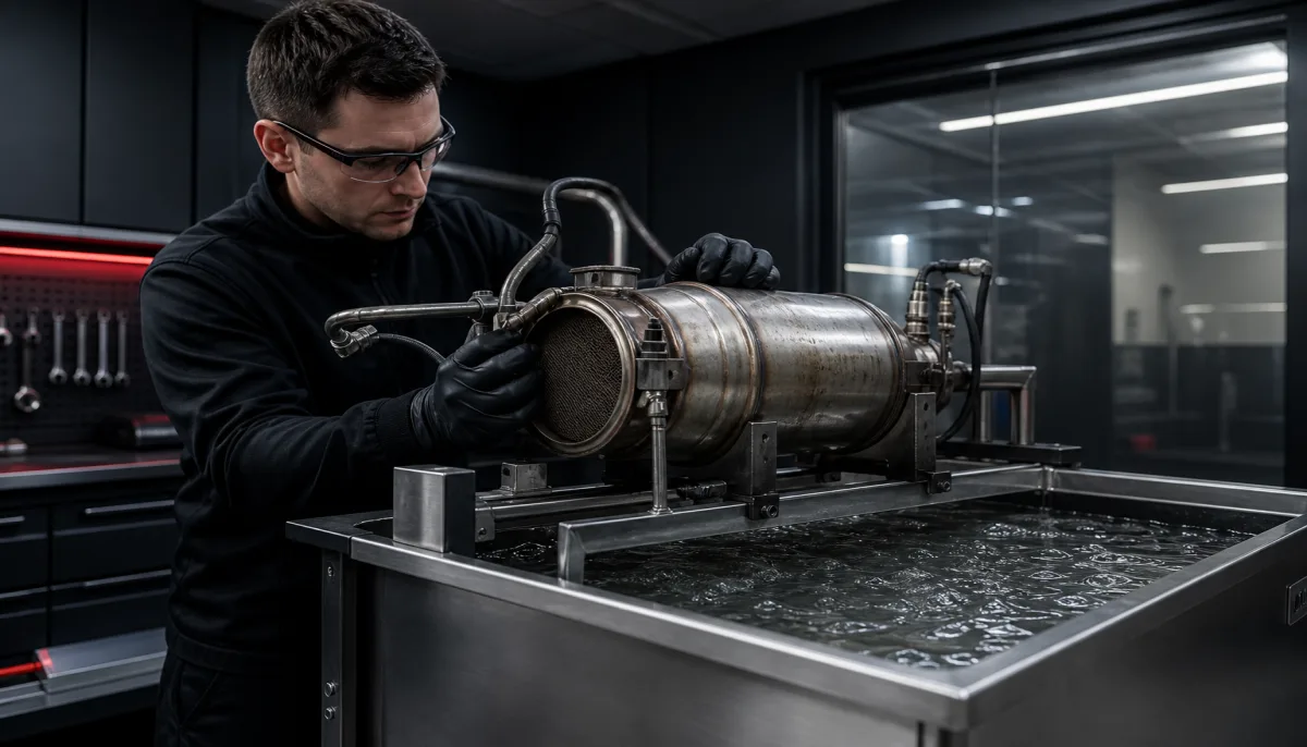 Partikelfilter-Komponente an einem Ultraschallbecken in einer Werkstattumgebung
